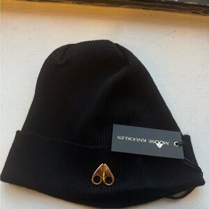 Moose Knuckles Black Knit Hat with Gold Detail
